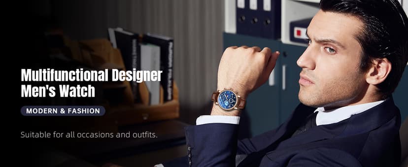 FANMIS Men's Classic Multifunctional Military Sports Analog Watch Business Dress Waterproof Luminous Chronograph Starry Sky Moon Phase Leather Wristwatch