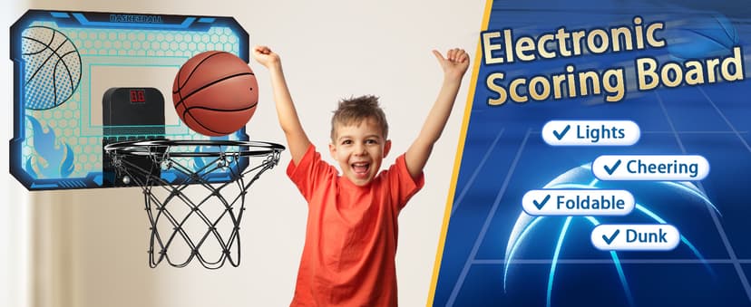 VROGTIK Indoor Basketball Hoop for Kids with Led Lights Mini Basketball Hoop with Remote Control Over The Door Basketball Hoops with Scoreboard Basketball Toys for 4-12 Year Old Boys Girls