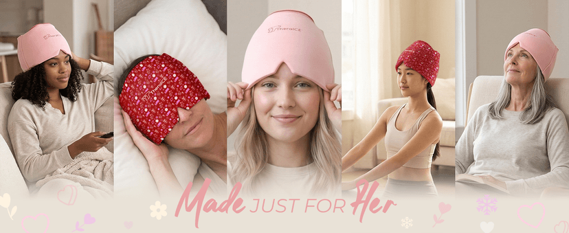 TheraICE Headache Relief Cap, Migraine Ice Pack Mask Products, Women Cooling Gel Hat, Face Cold Compress Head Wrap for Her Stress. Great Birthday Gift for Mom, Sister, Grandma, Girlfriend, & Teacher