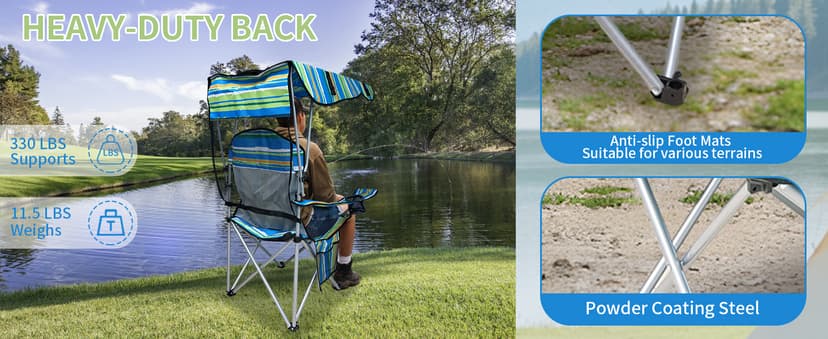 Camping Chair with Adjustable Canopy Shade, Portable Folding Chair with Cup Holder & Side Pocket for Beach, Fishing, Camping - Support 330 LBS (Streak)