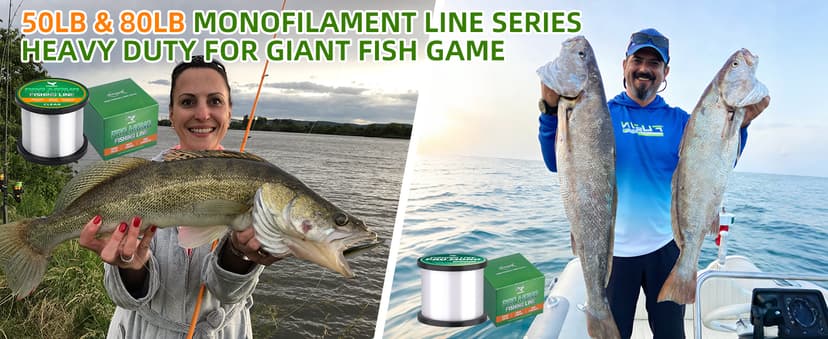 Pro Monofilament Fishing Line with Knot Instruction Cards for Multi Purpose Cost Effective, Strong Yet Thin Nylon String for Big Fishes, Tangle-Free & UV Resistant, 15/20/30/50/80LB