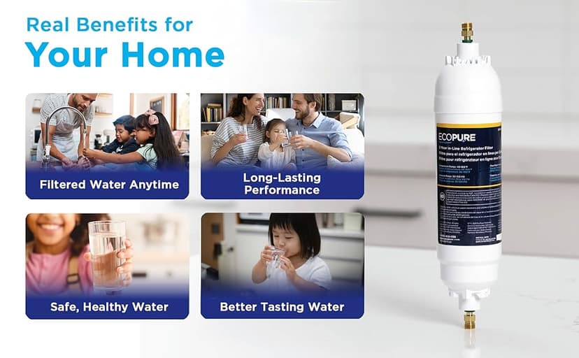 EcoPure EPINL30 5-Year In-Line Refrigerator Water Filter – Universal Fit for Most Fridges, Ice Makers, RVs & Boats – Reduces Chlorine Taste & Odor – Easy DIY Install with 1/4" Fittings