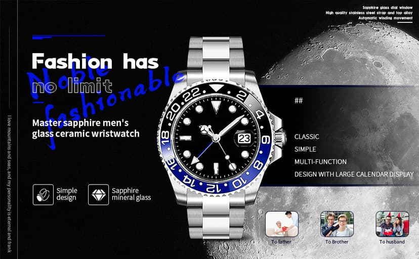 FANMIS GMT Master Sapphire Glass Blue and Black Ceramic Bezel Men's Silver Automatic Watch