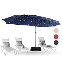 PHI VILLA 15ft Large Patio Umbrellas with Base Included, Outdoor Double-Sided Rectangle Big Market Umbrella with Stand, Outside Umbrellas for Poolside Lawn Backyard, Beige