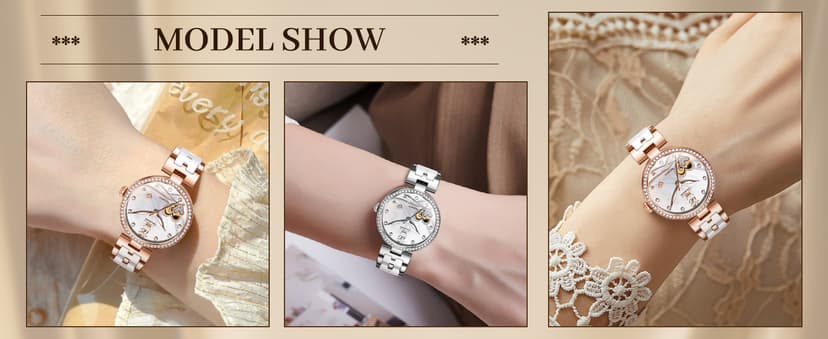 OLEVS Womens Watches Automatic Luxury Dress Ladies Watch Ceramic Strap Rose Gold Self Winding Female Wrist Watch