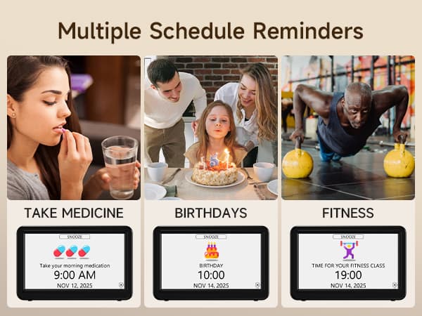 Raynic Date Clock, Digital Calendar Clock with 12 Themes, 20 Alarms, 20 Reminders, Semi-Automatic Dimming, 12/24 Hours, Auto DST for Desktop, Office, Students (Black, 7 Inches)