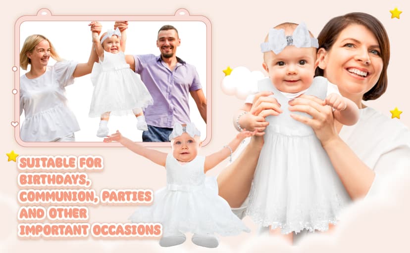 5 Pcs Baby Girl Baptism Outfit Includes Lace Christening Dresses Bowknot Headwear Cross Charm Bracelet Socks Shoes