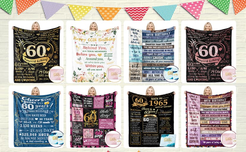60th Birthday Gifts for Women, 1965 Blanket with Gift Box, Gifts for 60 Year Old Women, Happy 60 Birthday Gifts Ideas, for Woman Turning 60 Decorations 60"x50"
