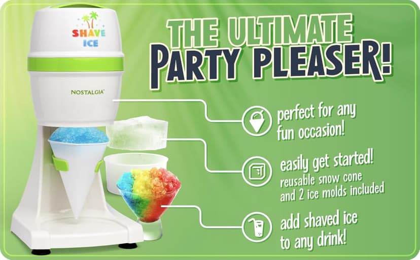 Nostalgia Snow Cone Machine With 1 Reusable Plastic Cup & Dual Ice Molds– Retro Table-Top Shaved Ice Maker with Stainless Steel Blades for Fluffy Ice- Slushie Machine for Fun Gatherings- White & Green