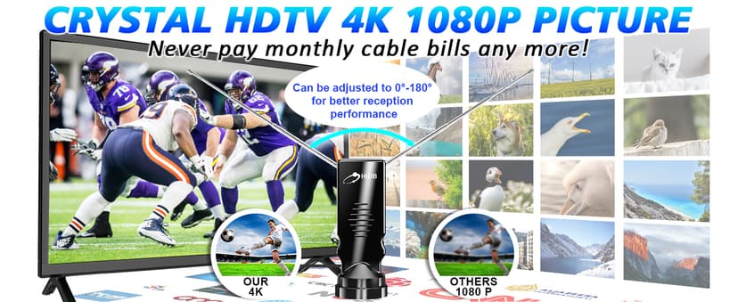 HIDB Indoor TV Antenna - Ultra HD 4K/1080p Digital TV Antennas for Local Channels, Enhanced Rabbit Ear Design with Smart Signal Booster, Works with All Smart TVs, Easy Setup, No Monthly Fees!