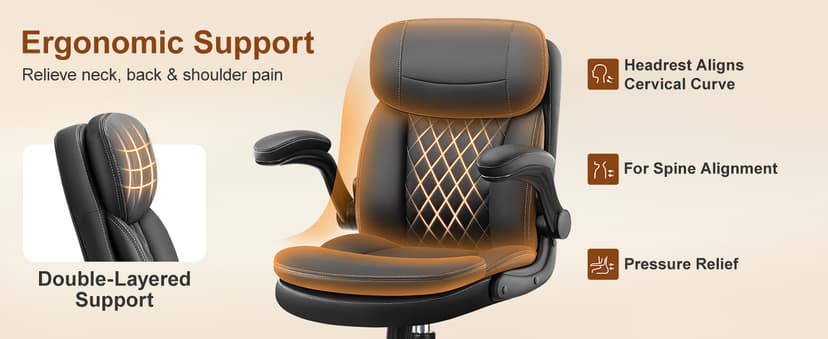 Leather Office Chair, Upgraded PU Computer Desk Chairs with Double-Layer Seat Cushion and Neckrest, 360°Swivel, Ergonomic Small Gaming Chair with Wheels and Adjustable Armrests for Short People, Black