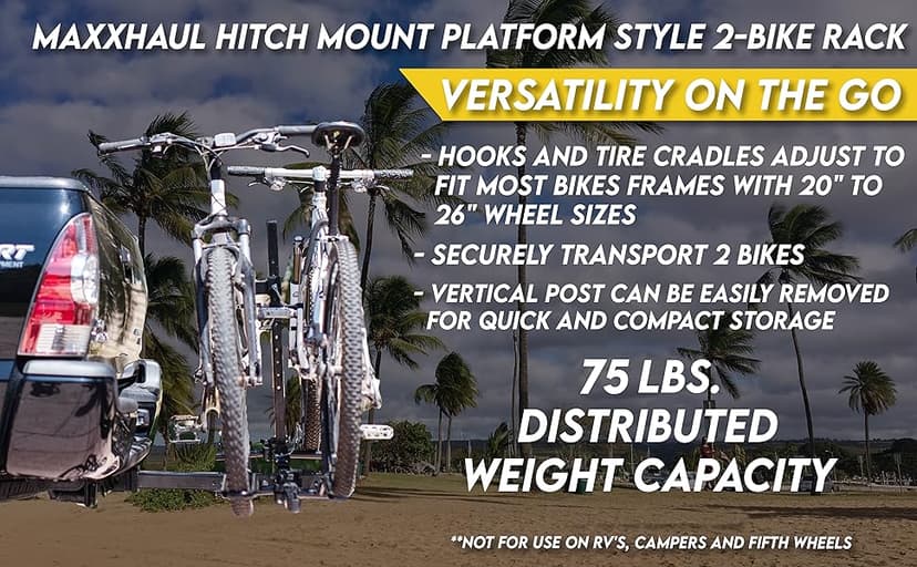 MaxxHaul Platform Bike Rack for 2 Bikes - Hitch Mounted Tray Carrier for SUV, Van, & Truck - Adjustable Tire Cradles & Foam Padded Hooks - Fits 2" Class III & IV Hitches (50027)