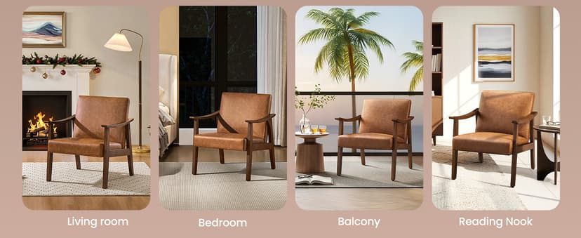 Yaheetech PU Leather Accent Chair, Mid-Century Modern Armchair with Solid Wood Legs, Reading Leisure Chair with High Back for Living Room Bedroom Waiting Room, Brown