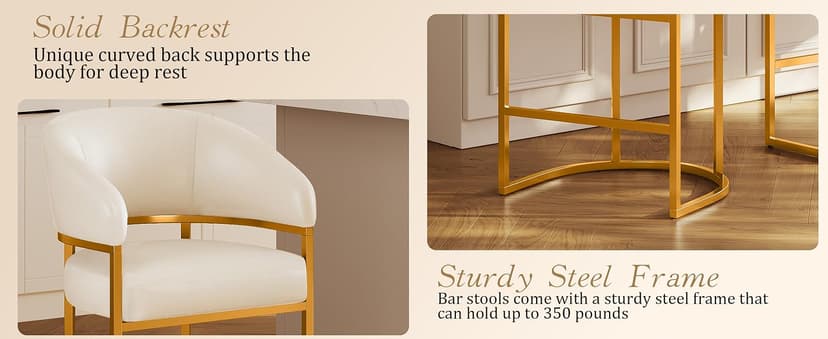 Modern Counter Height Bar Stools,Bar Stools Set of 3,PU Leather Upholstered Barrel Barstools with Backs,26" Kitchen Island Chairs,Metal Gold Frames,Beige White Leather