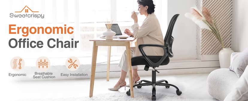 Sweetcrispy Home Office Managerial Executive Chair with Ergonomic Design, Mid-Back Mesh Swivel, Comfortable Lumbar Support, Comfy Arms for Bedroom,Study,Student, Black