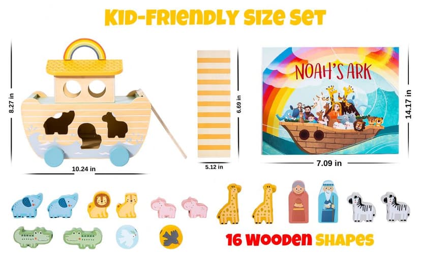 Wooden Noah’s Ark Toy - Baptism Gifts for Baby Girl, Boys & Kids | Fun Colorful Christening & Baptismal Gifts for Boys & Girls | Christian & Catholic Baby Gifts | Noahs Ark Toys for Toddlers from 2