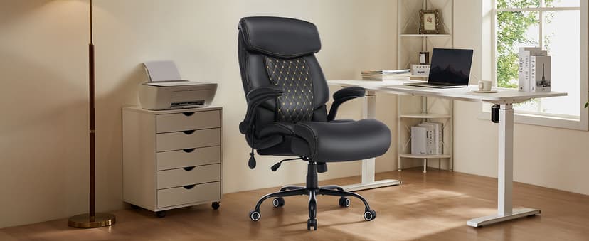 550LBS Big and Tall Office Chair for Heavy People,Ergonomic Office Chair with Padded Flip-Up Arms and Adjustable Lumbar Support,High Back Executive Leather Desk Chair with Rocking Function