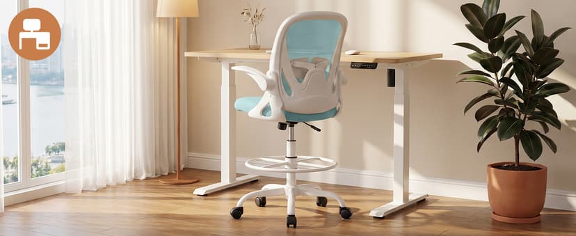 Primy Drafting Chair Tall Office Chair with Flip-up Armrests Executive Ergonomic Computer Standing Desk Chair with Lumbar Support and Adjustable Footrest Ring(Light Blue)