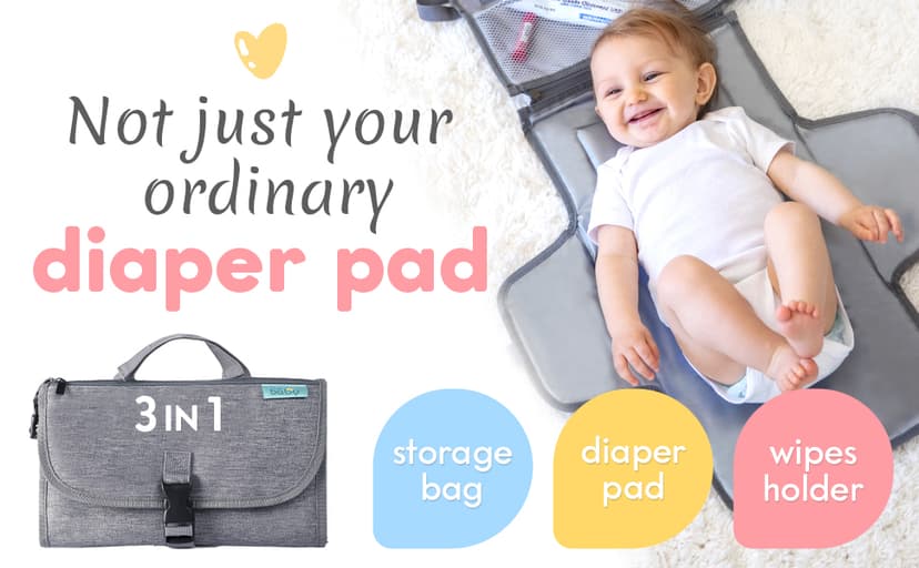 Kopi Baby Portable Diaper Changing Pad - Baby Diaper Changer Travel Bag with Wipes Pocket, Smart Design Portable Changing Mat, Infant Travel Station Kit, Gift for Newborn Girl & Boy - Grey, Classic