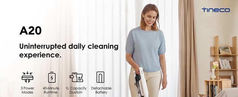 Tineco A20 Cordless Stick Vacuum Cleaner, Powerful Suction, 3 Modes for Multi-Level Messes, 1L Larger Dustbin, Ergonomic Dual-Handle Design, Wall-Mount Dock, LED Headlight