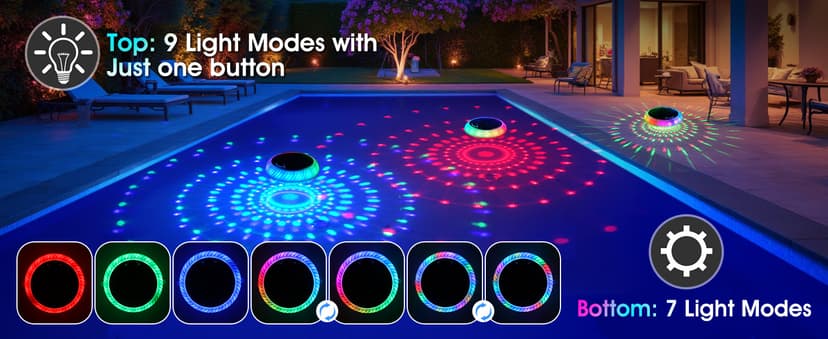 Floating Pool Lights Solar Powered, 7.6 Inch RGB Upper& Lower Color Changing Solar Pool Lights that Float with Dynamic Lighting Effects, IP68 Waterproof Swimming Pools Light for Party Decor(2)