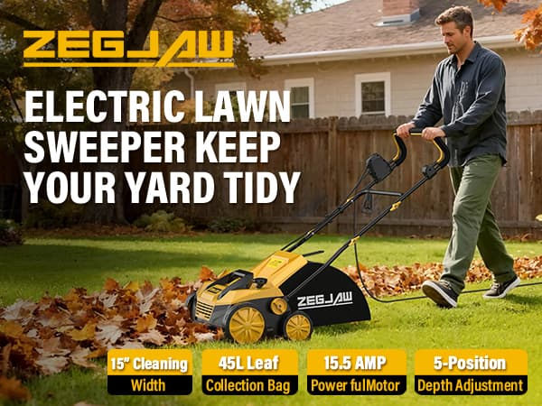 ZEGJAW 15” Artificial Turf Sweeper, 13 Amp Lawn Sweeper, Support 5-Position Depth Adjustment with 45L Removable Collection Bag, Quick-Fold, for Artificial Grass, Keep Your Yard Tidy