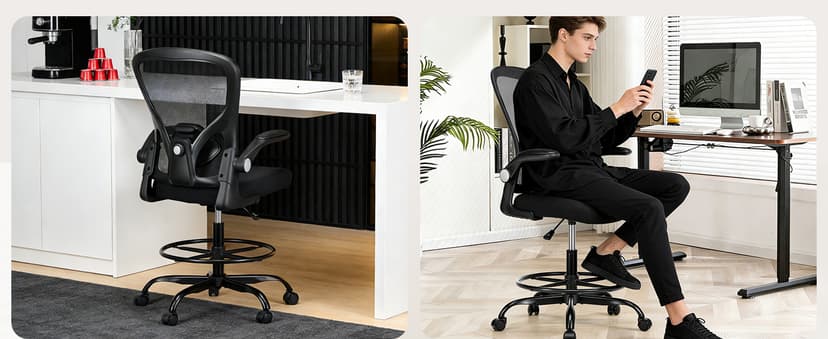 Drafting Chair, Tall Office Chair for Standing Desk, Mesh High Desk Chair with Flip-Up Armrests, Ergonomic Office Chair with Lumbar Support, Adjustable Footrest Ring Studio Chair, Black