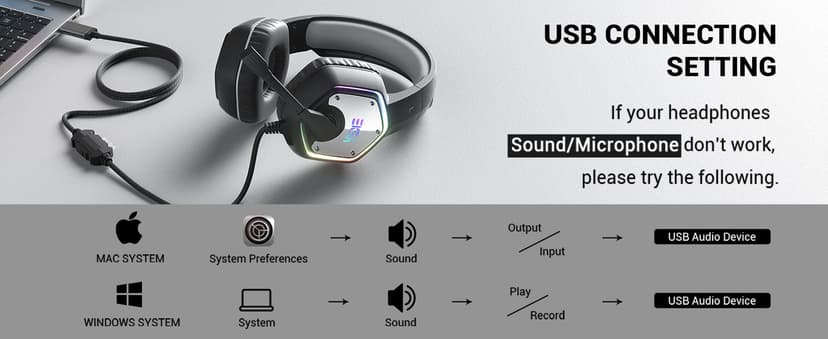 EKSA E1000 USB Gaming Headset for PC, Computer Headphones with Microphone/Mic Noise Cancelling, 7.1 Surround Sound, RGB Light - Wired Headphones for PS4, PS5 Console, Laptop, Call Center