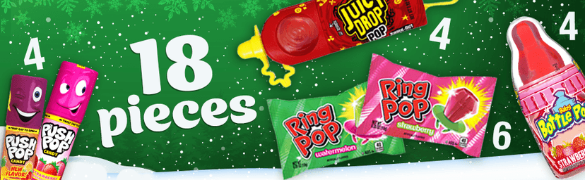 Christmas Candy Variety Pack, 18Ct Assorted Lollipops, Bulk Individually Wrapped Ring Pop, Push Pop, Baby Bottle Pop & Juicy Drop, Birthday Party Favors, Stocking Stuffers, Candy Bowls, Kids Gifts