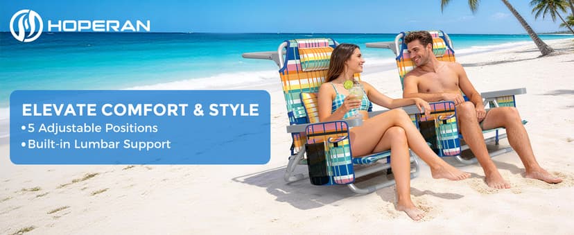 5-Position Backpack Beach Chair for Adults with Lumbar, Foldable Tall Heavy-Duty Beach Chairs with Cooler Bag,Cup Holder,Towel Rack for Beach, Camping, Outdoor (1, Rainbow)