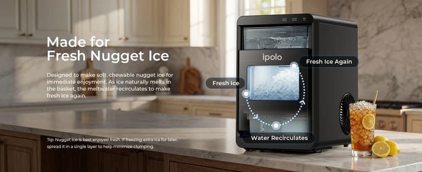 Nugget Ice Maker Countertop: 44lb/Day, Self-Cleaning, Black Stainless Steel, Portable, Soft Chewable Pebble Ice Machine for Home Kitchen, RV & Office