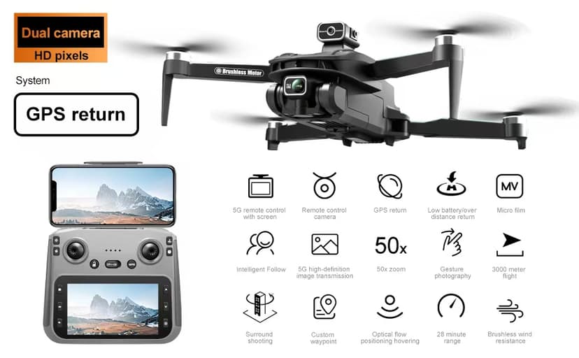 GPS Drone with 4K Camera, 4.5" LCD Display Screen Controller- 3,280ft RC Range, Auto return, Follow Me, Go Home, Gesture Control, One Key Takeoff/Landing, Altitude Hold,led Light ,Professional Quadcopter for Aerial Photography Control and Video Recording, Sports Racing Car Appearance, Adult Beginner-Friendly FPV RC Quadcopter For Kids 8-12