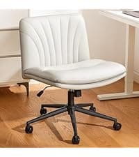 Marsail Criss Cross Office Chair with Wheels, Armless Wide Desk Chair for Active Sitting, PU Leather Cross Legged Chair for Home Office, Pet-Friendly & Easy Clean, Beige