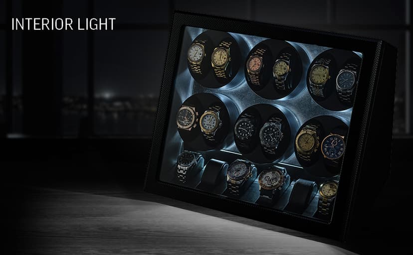 TIMECUBE 12 Watch Winder with 6 Storage Slots, LED Light and Automatic Motor-Stop (Carbon)
