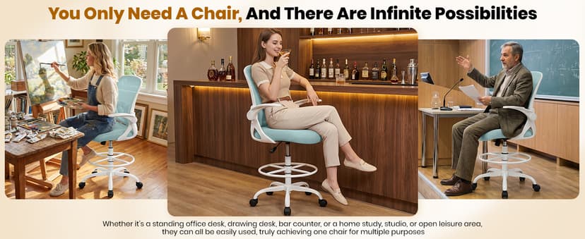 Primy Drafting Chair Tall Office Chair with Flip-up Armrests Executive Ergonomic Computer Standing Desk Chair with Lumbar Support and Adjustable Footrest Ring(Light Blue)