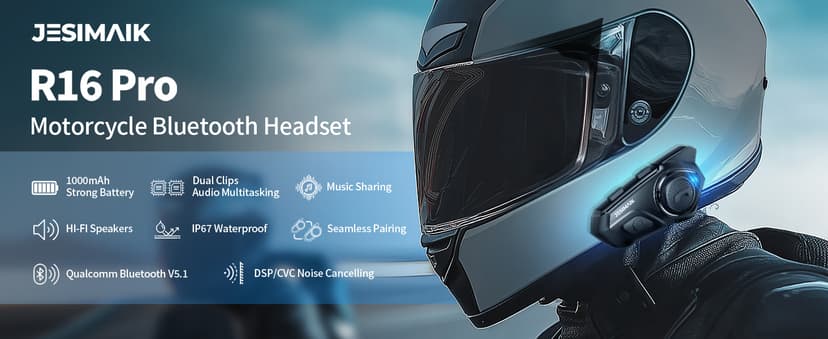 JESIMAIK Motorcycle Helmet Bluetooth Headset, 10 Way 2KM Helmet Communication System, Multitasking Audio Motorcycle Intercom, 2 Mics&40mm Speaker (1 Pack)