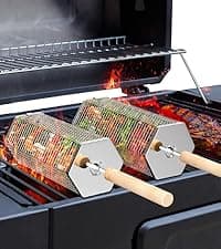 Rolling Grill Basket, Removable Wooden Handle, 304 Stainless Steel, Nesting Smoker Net, BBQ Accessories Tools for Vegetable Shrimp, Outdoor Cooking Camping, Birthday Gifts for Men Dad Husband