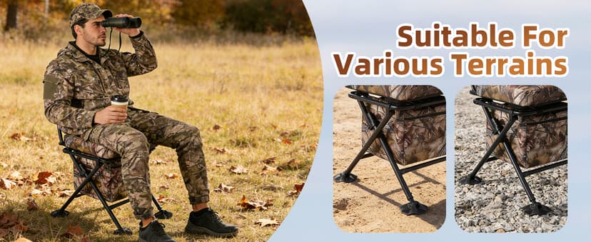 FUNHORUN Hunting Chair with Storage Bag, 360 Degree Silent Swivel Hunting Seat, Camouflage Foldable Ground Blind Chair, Tool-Free Padded Cushion Portable Seat, Lightweight