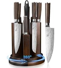 360° Rotatable Block, Japanese Style Chef Knife & Steak Knife Set with Sharpener, Wood Handle, Damascus Pattern, Ideal Gift SYOKAMI 14-Piece Kitchen Knife Set with Magnetic Block, New for 2026 B0CB122YV5