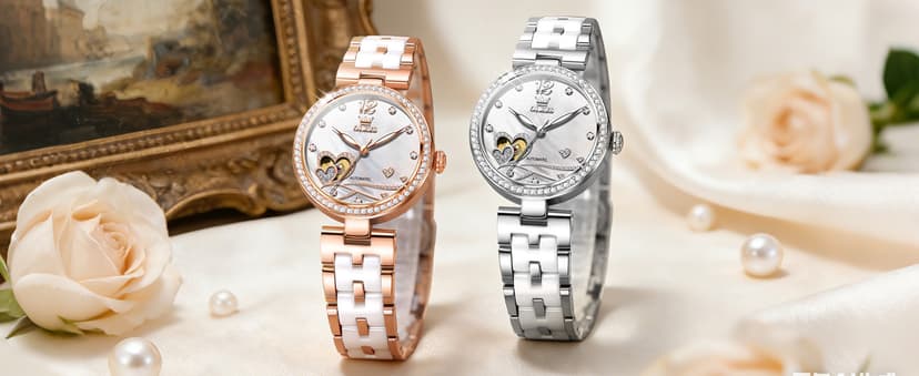 OLEVS Womens Watches Automatic Luxury Dress Ladies Watch Ceramic Strap Rose Gold Self Winding Female Wrist Watch