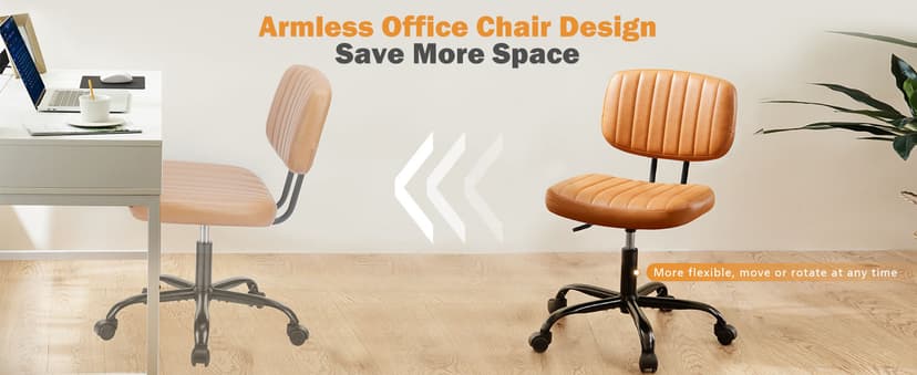 Sweetcrispy Small Office Desk Chair - Armless PU Leather with Comfy Lumbar Support, Height Adjustable Rolling Swivel Task for No Arms, for Adult, Student, Bedroom, Home, Vanity, Brown
