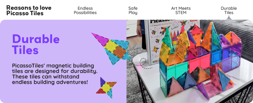 No-limit scalable builds, hands-on magnet polarity fun, family group play, quick assemble & store, shape & color recognition PicassoTiles 100 Piece Magnetic Tiles, Clear 3D Building Blocks for Kids 3+ B00AU56C5W