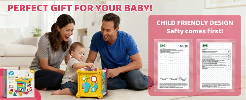 PANITU Baby Activity Cube, Cube Toys for Babies 6-12 Months, Toddler Music Busy Board with 4 Sensory Shape Blocks, 6-in-1 Educational Early Development Toy, Christmas, Birthday Gift for 1 Year Old
