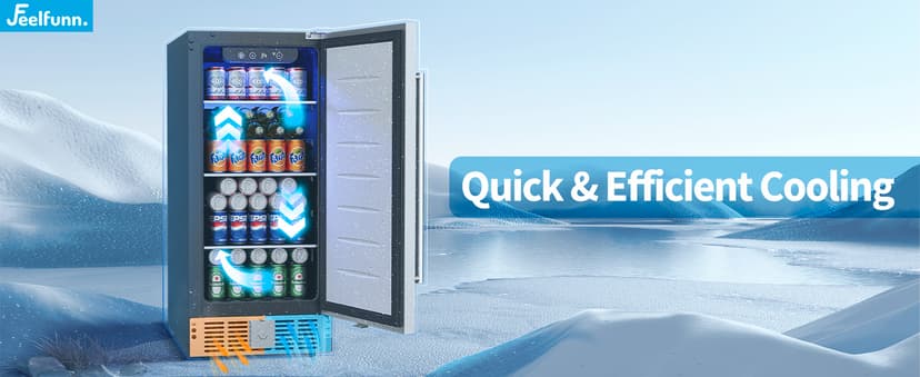 Feelfunn 15 Inch Undercounter Beverage Refrigerator - 126 Cans Beverage Fridge with Stainless Steel Door for Beer Wine Soda - Built-in or Freestanding Wine Cooler for Home Kitchen Bar