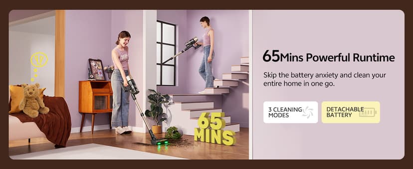 Ultenic Cordless Vacuum Cleaner, 550W 50KPA 65min Runtime, Stick Vacuum with Green Light, Self-Standing & 180° Lay-Flat, Anti-Tangled Brush, Vacuum Cleaners for Home/Hard Floor/Carpet/Pet Hair, U15