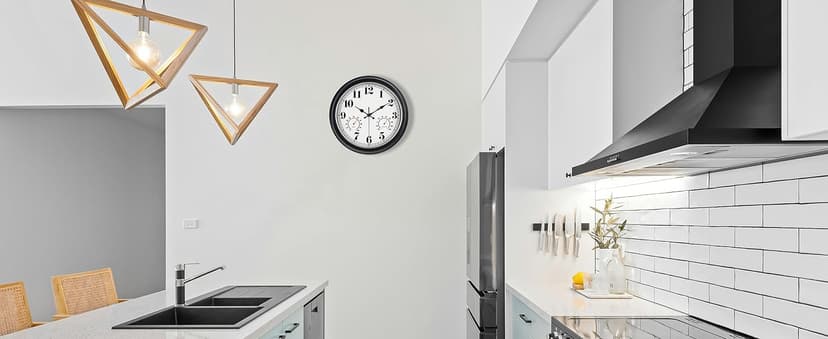 45MinST 13-Inch Vintage Outdoor Wall Clock with Thermometer and Hygrometer, Waterproof, Large Numbers, Silent, for Indoor and Outside Use,Porch,Garden,Pool(Black Frame with Silver Trim)