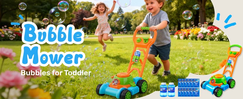 SLOOSH Bubble Lawn Mower Toddler Toys - Spill-Proof Bubble Machine Pretend Gardening Play Toy for Age 1 2 3 1-3 Year Old Baby Boys Indoor Outdoor Use, Push Toys Xmas Christmas Birthday Gifts (Blue)