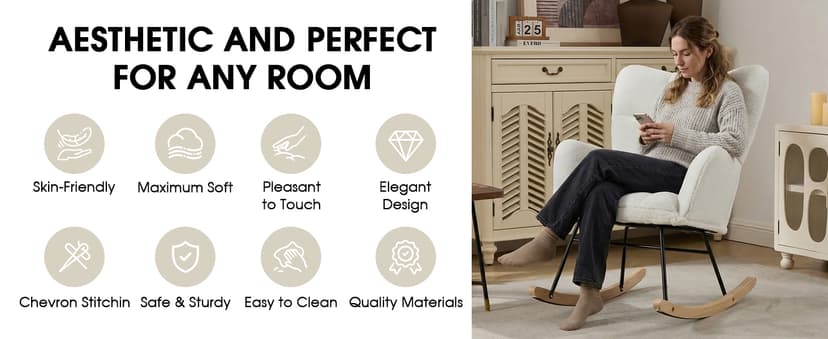 Nursery Rocking Chair, Teddy Upholstered Glider Chair with Thick Cushion, Tufted Gliding Rocker Chair with Wood Leg, Cozy Rocking Armchair, Accent Rocking Chair for Living Room (Ivory)