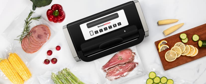 Bonsenkitchen Vacuum Sealer Machine, Globefish Technology for Perfect Vacuum Sealing, Powerful Low-Noise Food Vacuum Sealer with Easy Handle Design, Built-in Cutter & Bag Storage, 1 Bag Roll & 10 Bags