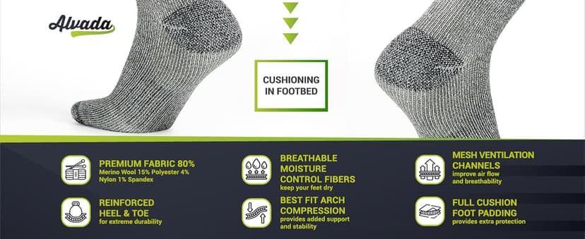 Alvada Merino Wool Hiking Socks Thermal Warm Crew Winter Boot Sock For Men & Women 3 Pairs